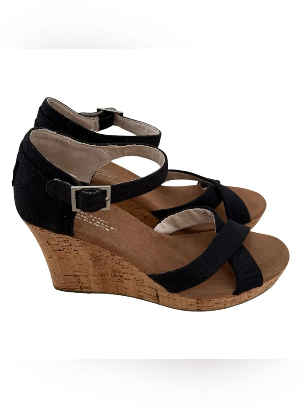 Like New TOMS Sienna Black Canvas Strap Wedge Sandal Cork Heel Size 8